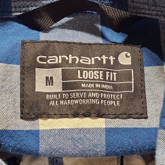 Carhartt Blue Plaid Button Down Short Sleeve Shirt Men’s Size Medium Loose Fit - Picture 7 of 8